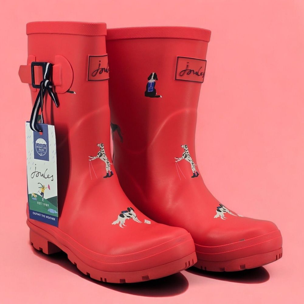 New Joules Rain Boots Mid Calf Molly Welly Print Hike Dogs Red Size US: 5 UK: 3 - Picture 1 of 12